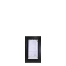 Black-framed dog door with transparent flap.