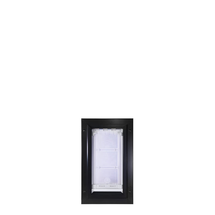 Black-framed dog door with transparent flap.