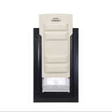 Pet door with a black frame and a closed, light-beige flap.