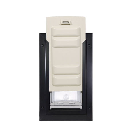 Pet door with a black frame and a closed, light-beige flap.
