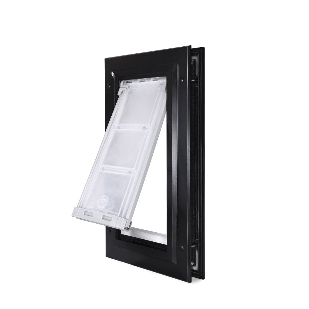 Black-framed pet door with clear flap ajar.