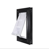 Black-framed pet door with clear flap ajar.