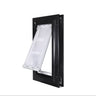 Black-framed pet door with clear flap ajar.