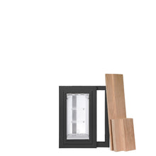 A pet door frame and wooden planks are on a white background.