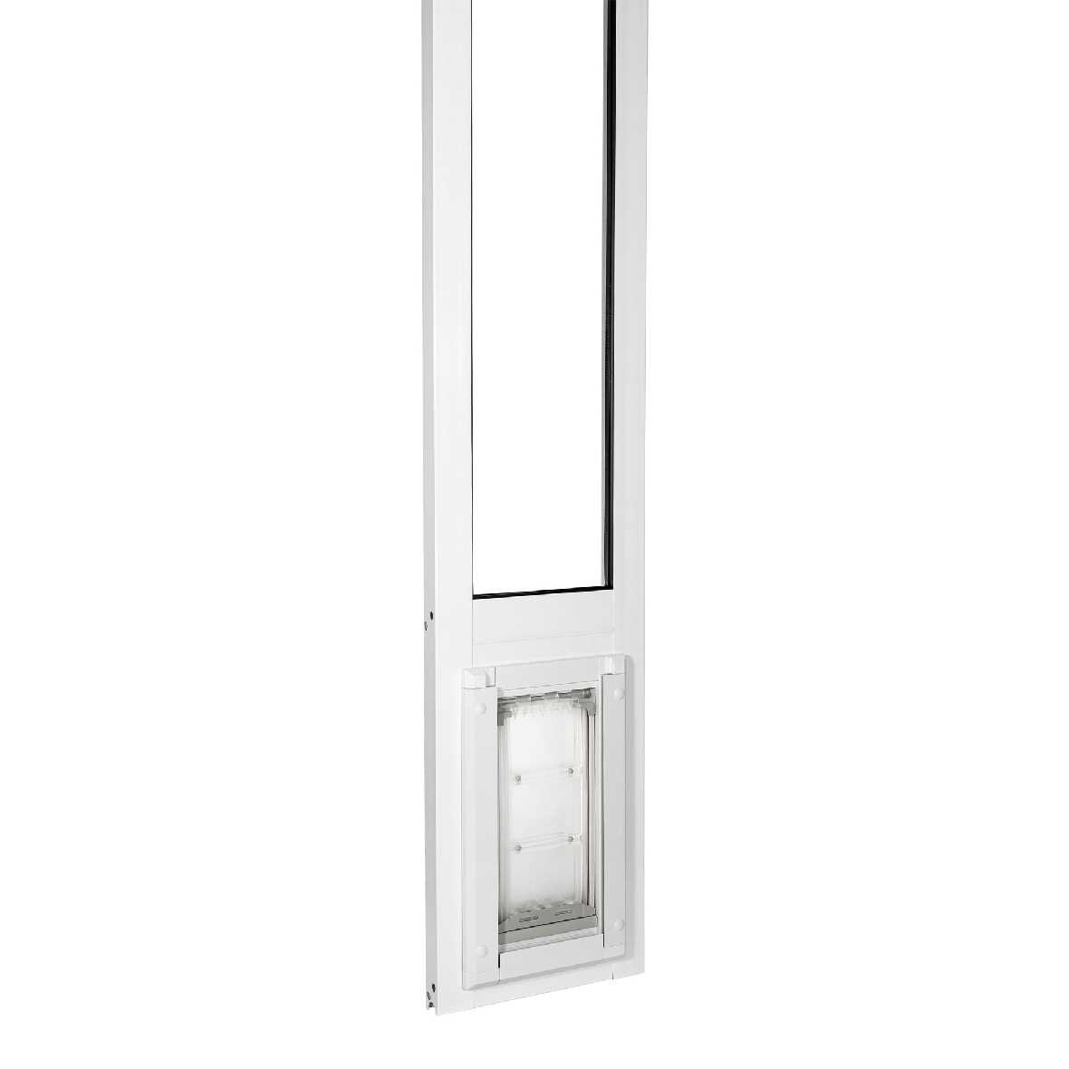 White sliding glass door insert with a pet door.
