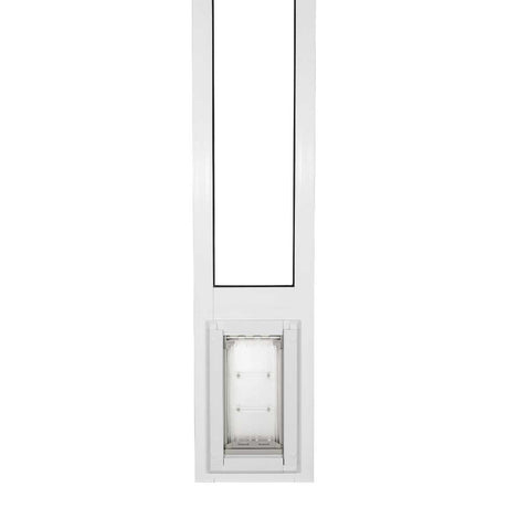 White pet door insert for a sliding glass door.