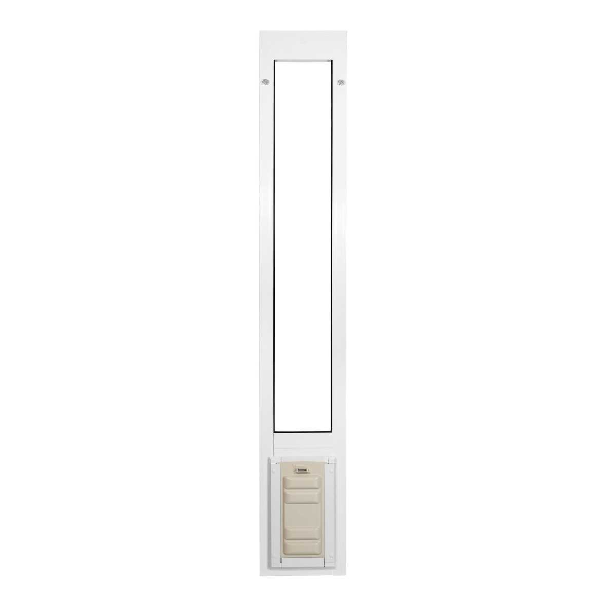 White pet door insert for a sliding glass door.