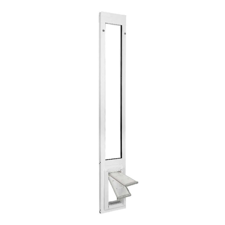 White sliding glass door insert with a pet door.