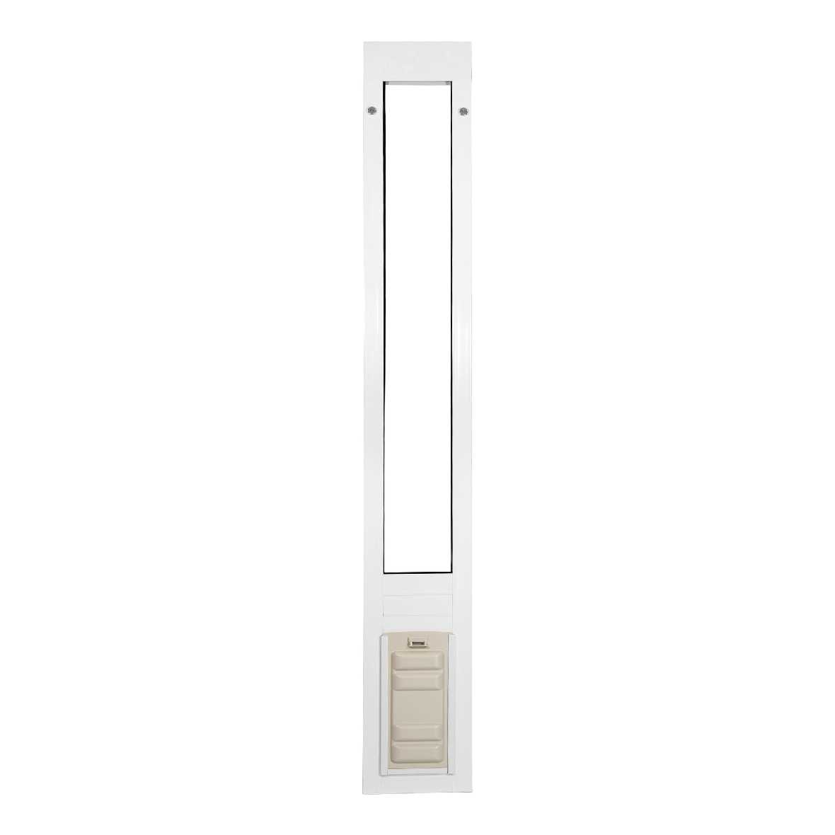 A white pet door insert for sliding glass doors.