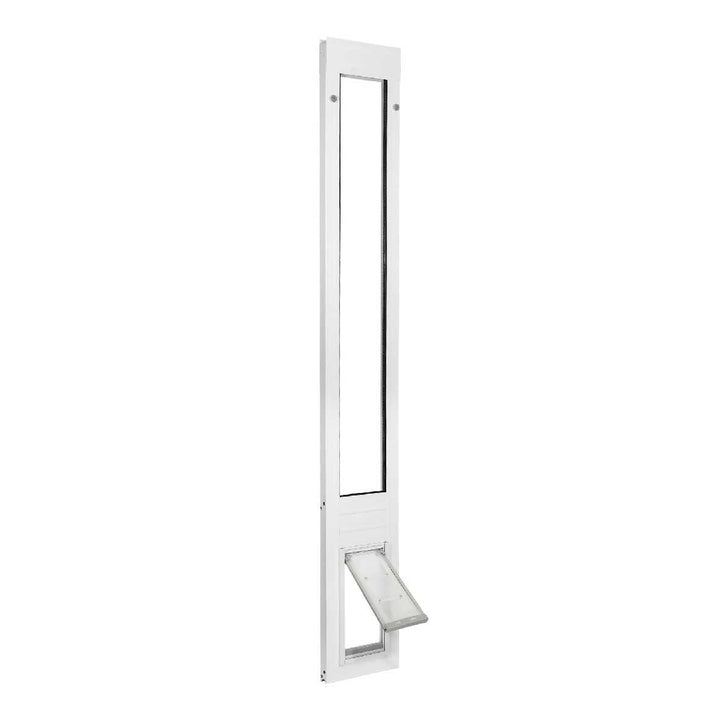 A white sliding glass door insert with a dog door.
