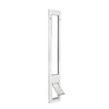 A white sliding glass door pet door insert with a clear pet door flap is shown.