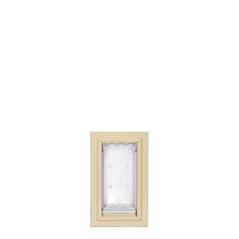 A pet door with a beige frame.