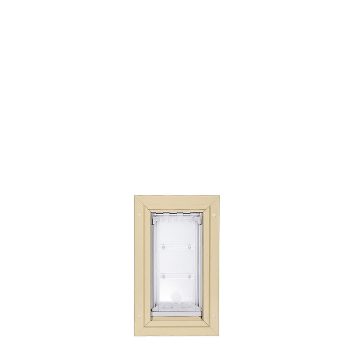 A pet door with a beige frame.