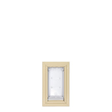 Tan-framed pet door with clear flaps.
