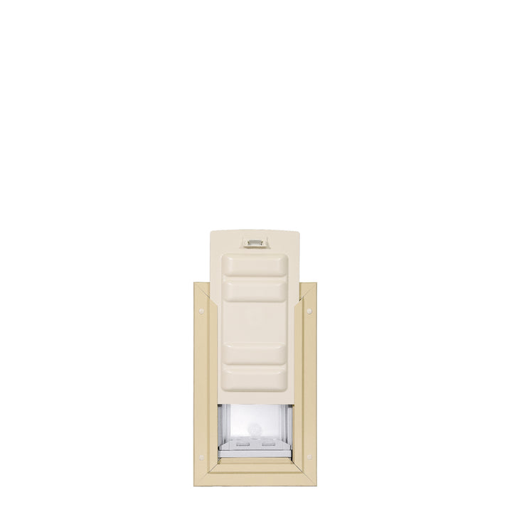 A pet door with a sliding closure is centered on a white background.