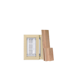Two framed pet doors stand next to wood boards.