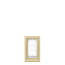 Tan pet door on a white background.