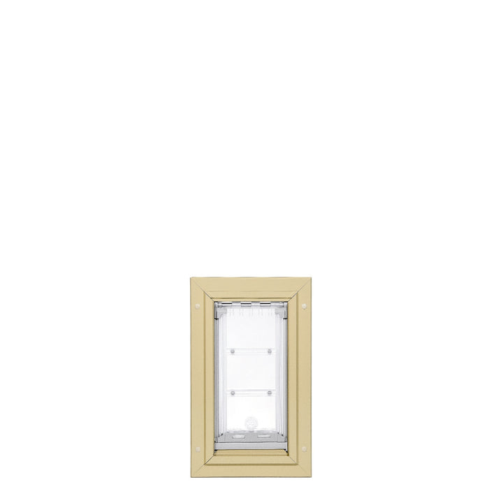 Tan pet door on a white background.