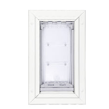 White framed pet door with a clear flap.