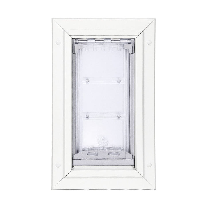 White framed pet door with a clear flap.