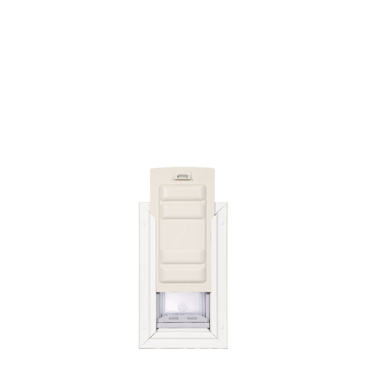 A white dog door with a beige cover, shown from a front view.