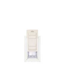 A white-framed pet door with a cream-colored flexible flap is shown from the front.