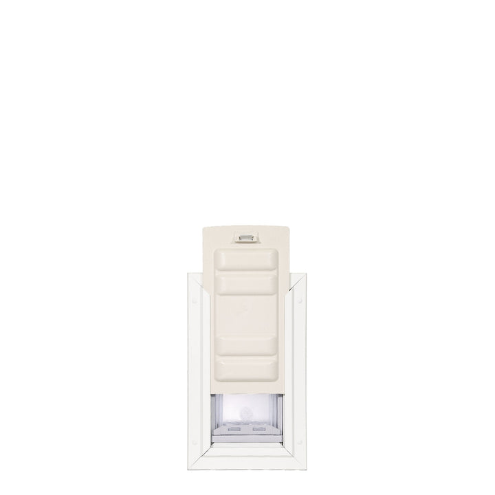A pet door is set in a white frame.