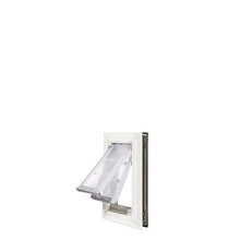 A pet door with a white frame and two transparent flaps angled upwards.