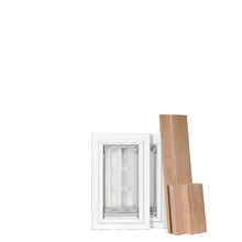 Two white-framed pet doors next to some wooden planks on a white background.