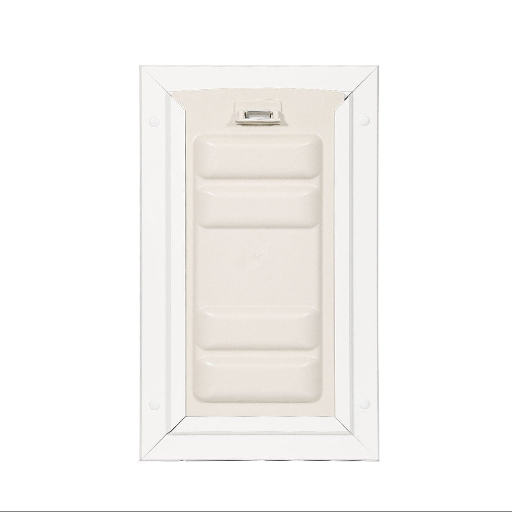 Beige pet door with white frame on a white background.