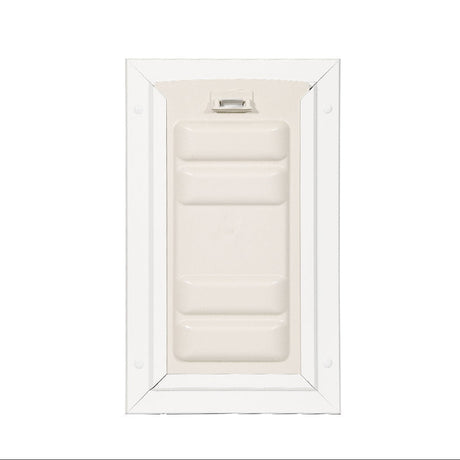 Beige pet door with white frame on a white background.