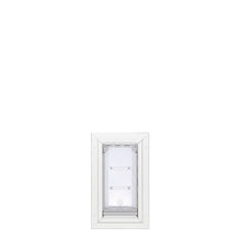 A white pet door with a clear, segmented flap.
