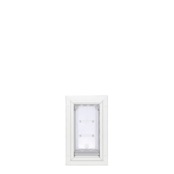 A white pet door with a clear, segmented flap.