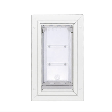 White pet door flap with white frame.