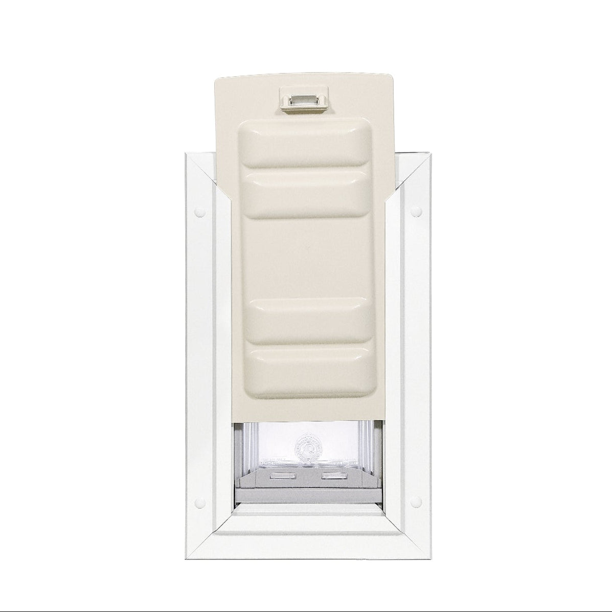 White pet door with a cream-colored cover.