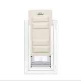 White pet door with a cream-colored cover.