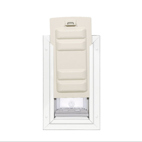 White pet door with a cream-colored cover.