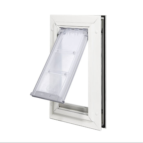 White-framed pet door with a partially open, transparent flap.