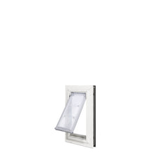 White-framed pet door with a partially open, transparent flap.