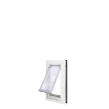 A white pet door is shown with a partially opened transparent flap.