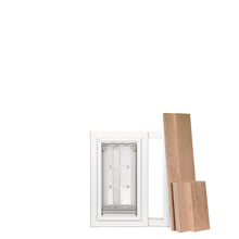 A white pet door frame sits next to three pieces of wood on a white background.