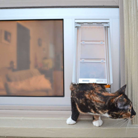 A tortoiseshell cat is going through a pet door installed in a window.