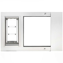 A white sliding glass door insert with a pet door.