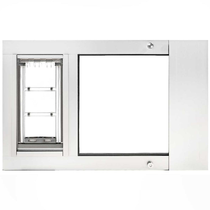 A white sliding glass door insert with a pet door.