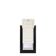 Pet door with a black frame and cream-colored sliding closure.