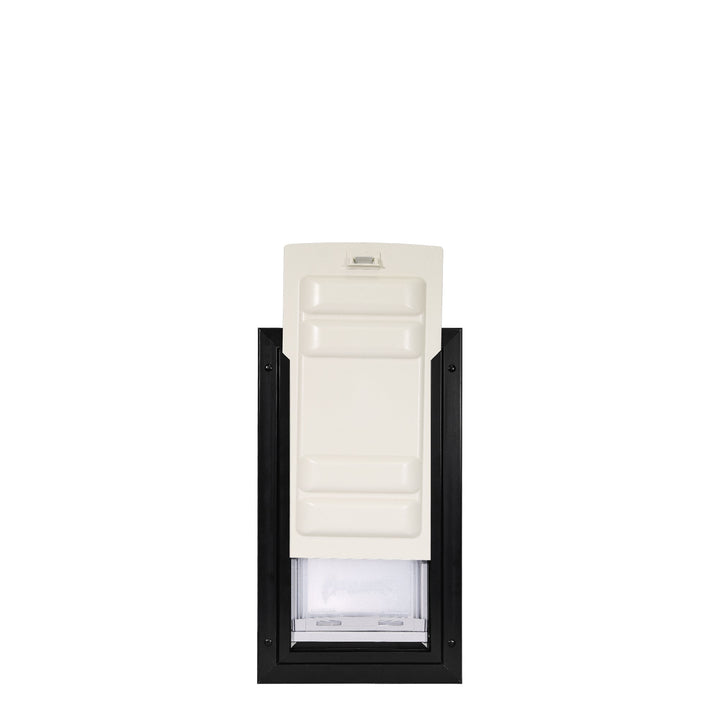 Pet door with a black frame and cream-colored sliding closure.