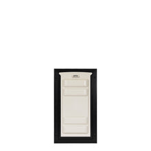 Beige door with black frame on a white background.