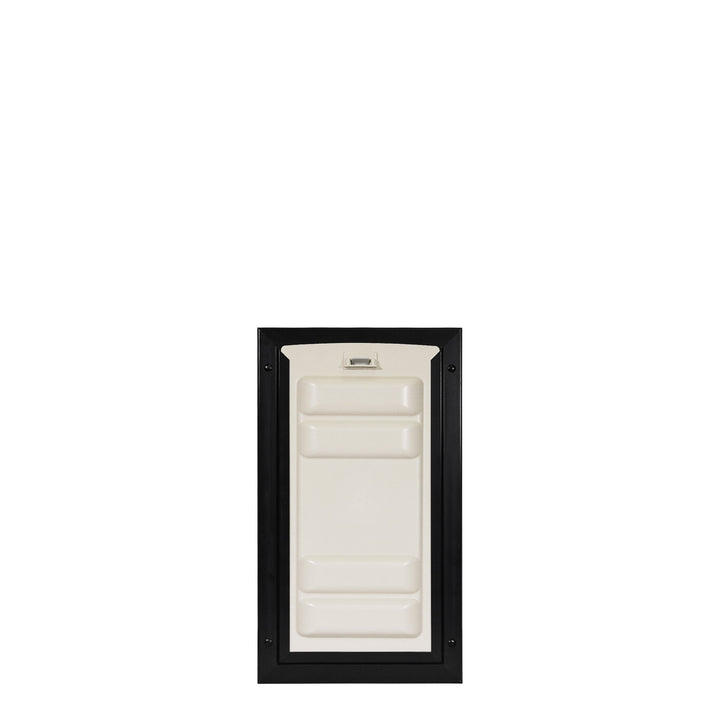 Beige door with black frame on a white background.