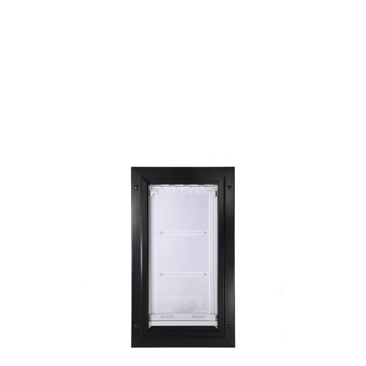 Black-framed pet door with a clear flap.
