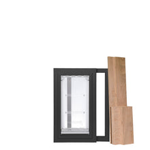 A black pet door with a translucent flap and wooden panels.